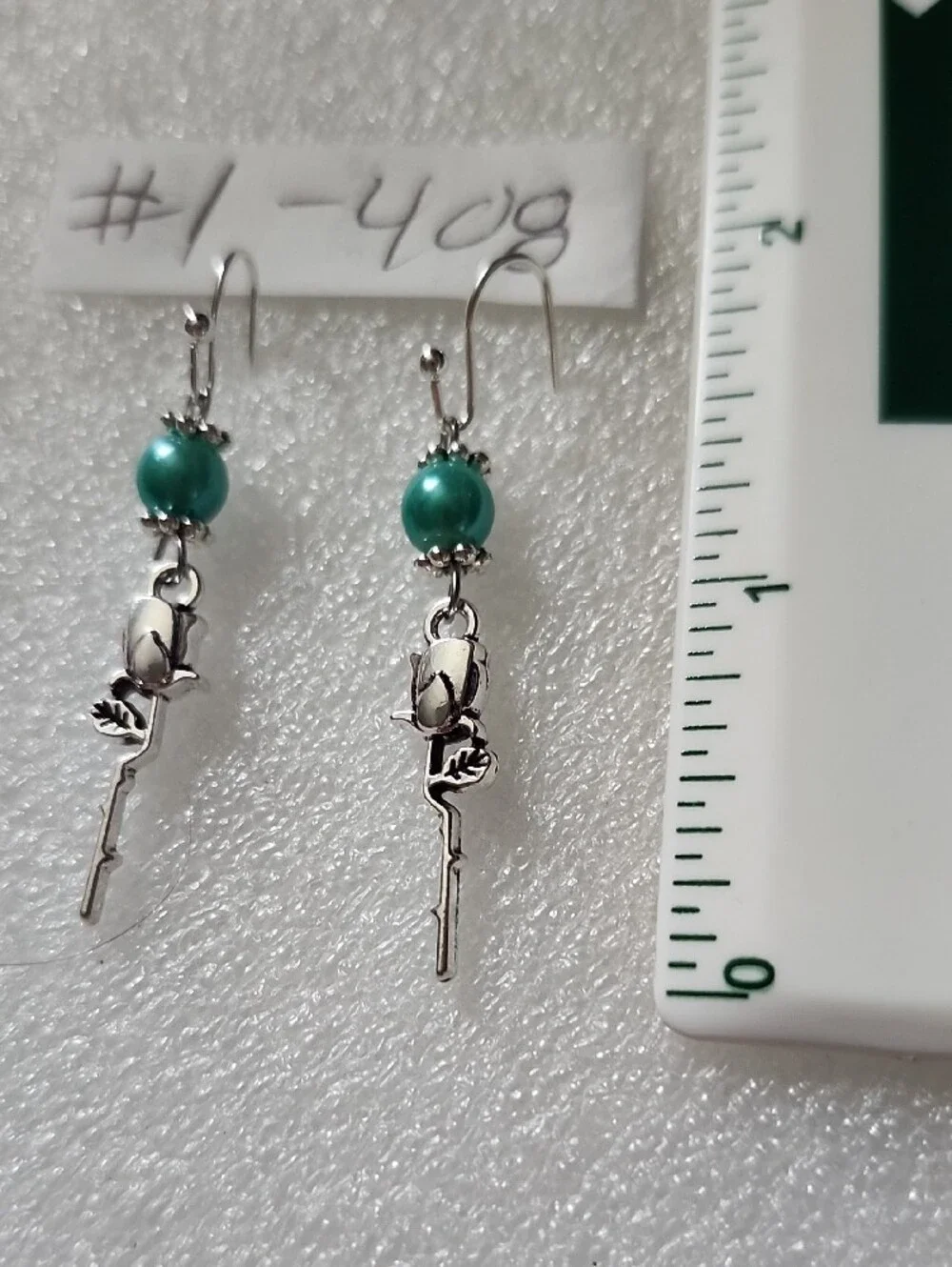 Hand Crafted Teal Bead Silver Rose Key Dangle Earrings